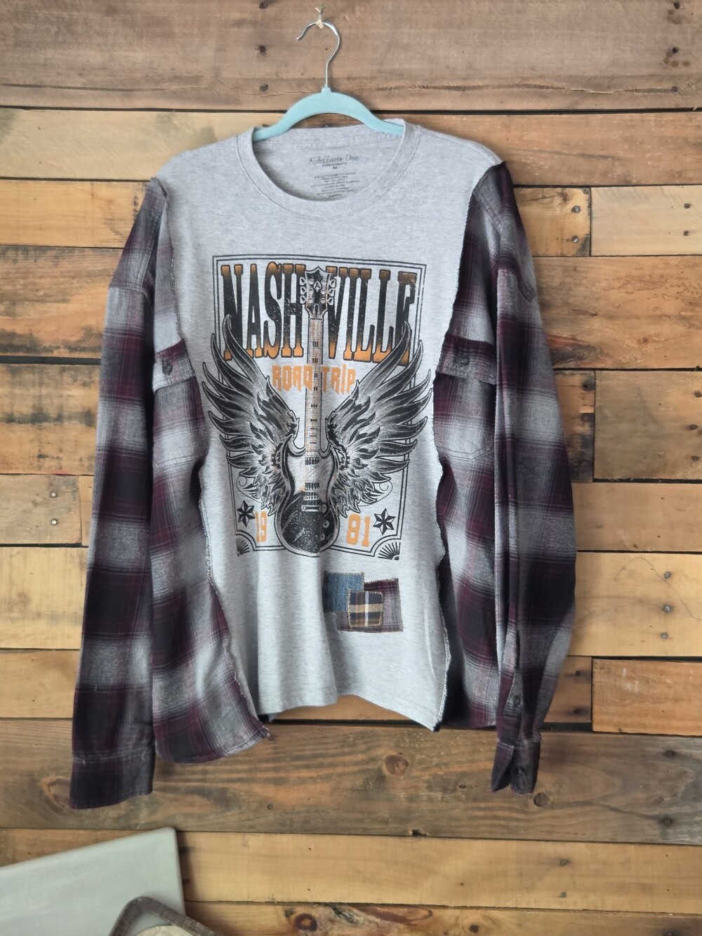 Upcycled Nashville Graphic Long-Sleeve Shirt - Grey with Burgundy Plaid Sleeves